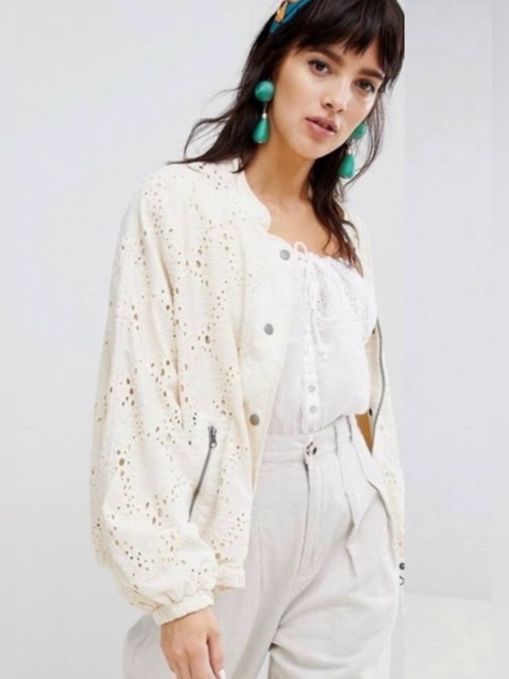 Free People Women’s Daisy Jane Cotton Eyelet Bomber Jacket Size Medium - Picture 4 of 11